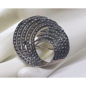 Vintage Brooch Art Deco 925 Sterling Silver True Marcasite Swirled